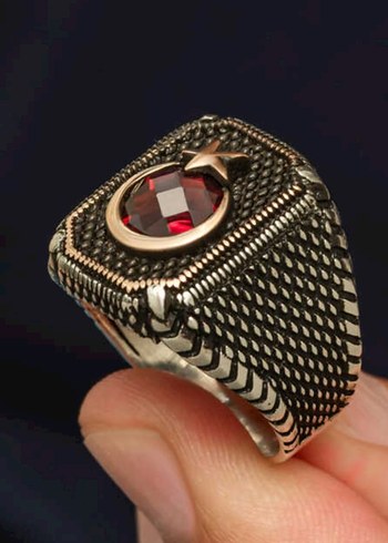 Bordo Taşlı Erkek  Yüzük Gümüş - Görsel 2