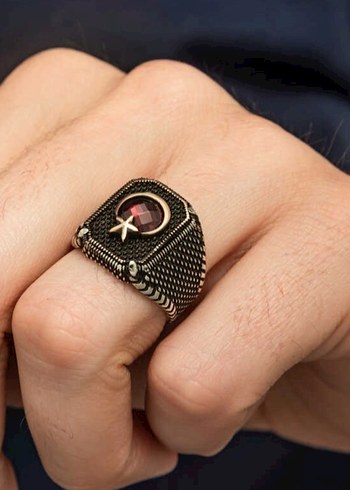 Bordo Taşlı Erkek  Yüzük Gümüş - Görsel 5