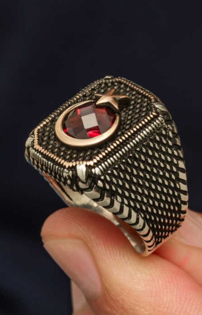 Bordo Taşlı Erkek  Yüzük Gümüş - Görsel 2