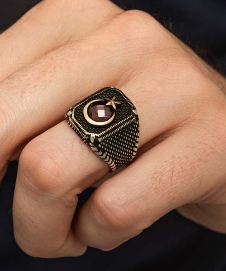 Bordo Taşlı Erkek  Yüzük Gümüş - Görsel 3