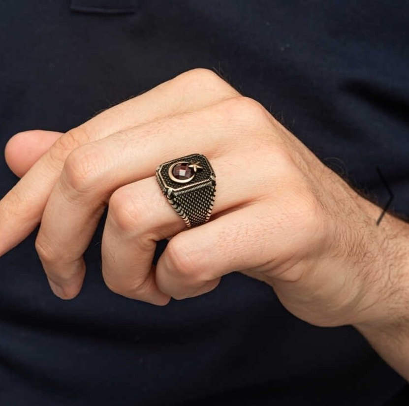 Bordo Taşlı Erkek  Yüzük Gümüş - Görsel 4