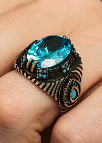 Bohem Mavi Taşlı Erkek Yüzük Gümüş - Görsel 2