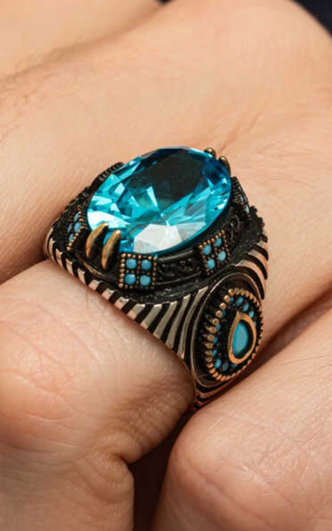 Bohem Mavi Taşlı Erkek Yüzük Gümüş - Görsel 2