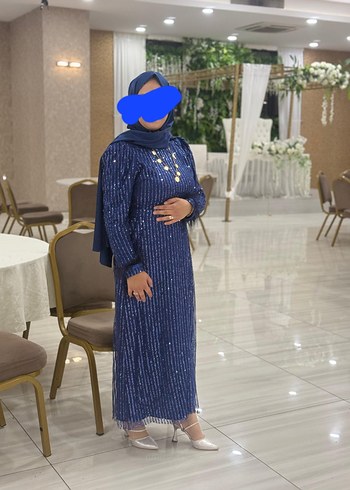 Lacivert İşlemeli Uzun Abiye Elbise