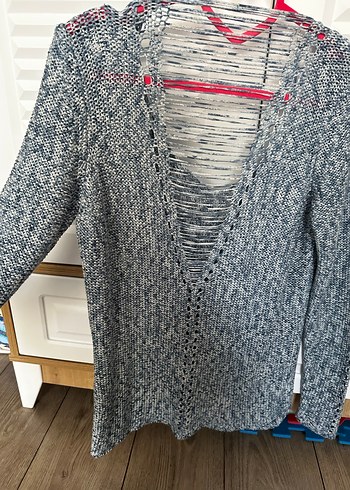 Mavi V Yaka Triko Kadın Kazak - Görsel 3