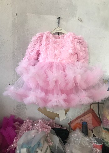 Pembe Fırfırlı Uzun Kollu Kız Çocuk Elbise