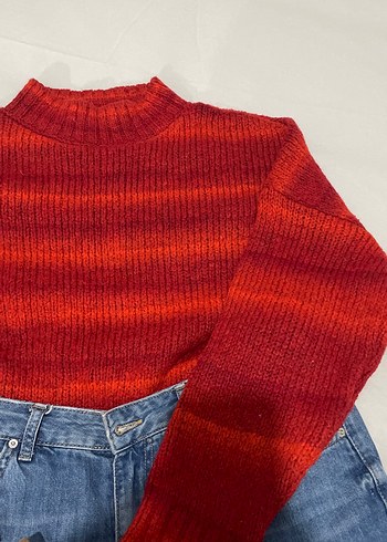 Kırmızı Yüksek Yaka Örgü Kadın Kazak - Görsel 2