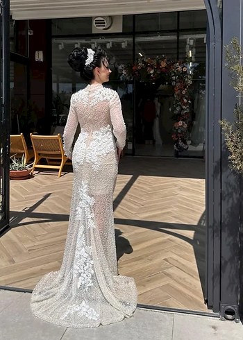 Dantel İşlemeli Beyaz Uzun Kollu Nişan Elbisesi - Görsel 2