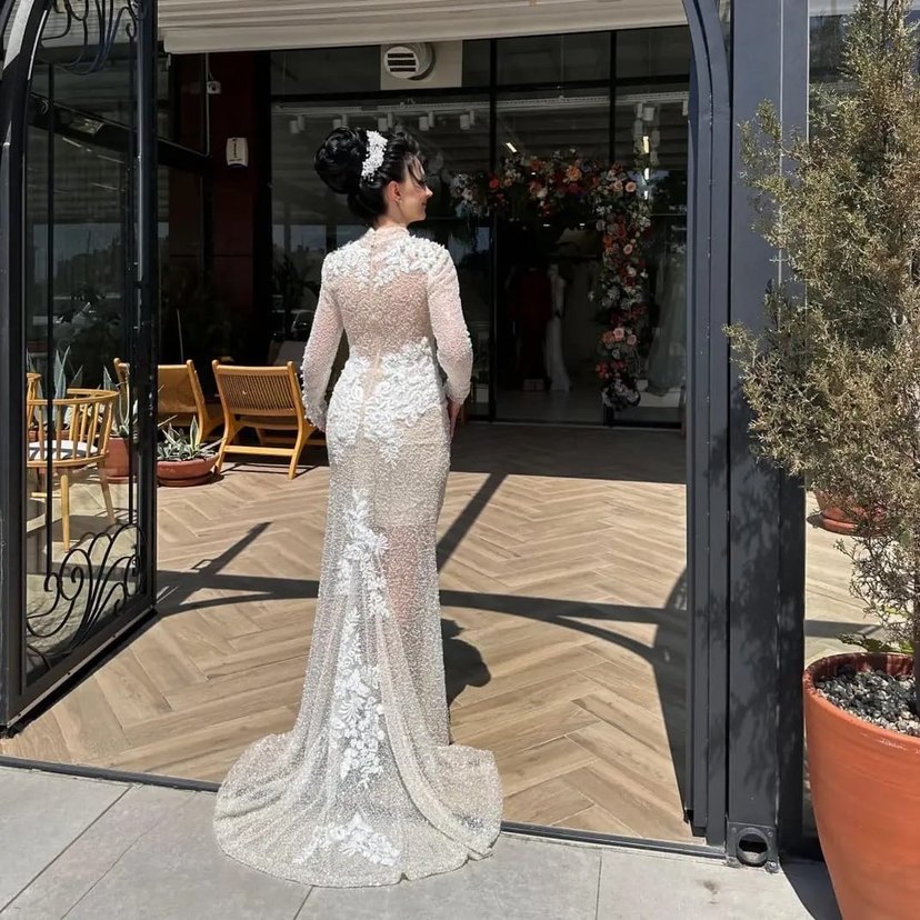 Dantel İşlemeli Beyaz Uzun Kollu Nişan Elbisesi - Görsel 2