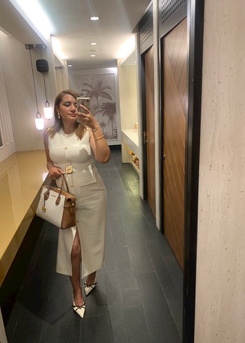 Zara Beyaz, kemerli, uzun, elbise