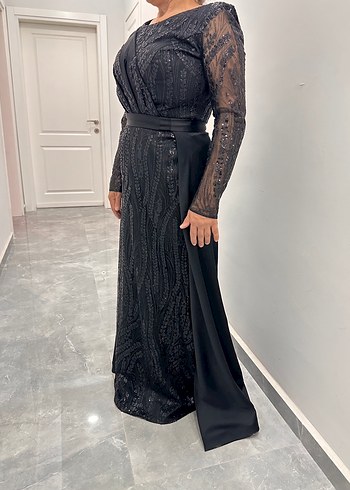 Siyah Uzun Kollu Drapeli Abiye Elbise - Görsel 4