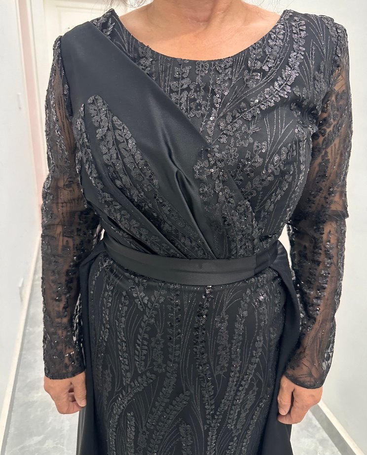 Siyah Uzun Kollu Drapeli Abiye Elbise - Görsel 2