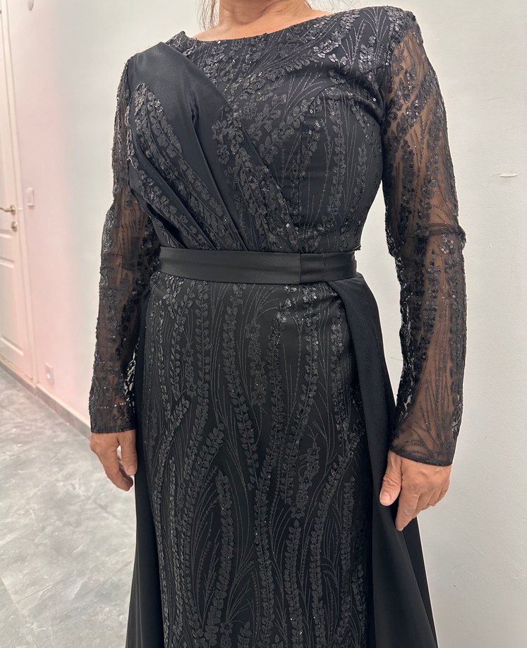 Siyah Uzun Kollu Drapeli Abiye Elbise - Görsel 5