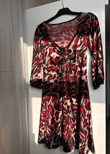 Kırmızı Yılan Desenli Tunik Elbise - Görsel 3