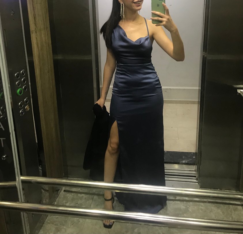 Lacivert Drapeli Uzun Abiye Elbise - Görsel 3