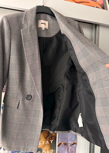 Gri Ekose Desenli Düğmeli Kadın Blazer - Görsel 5