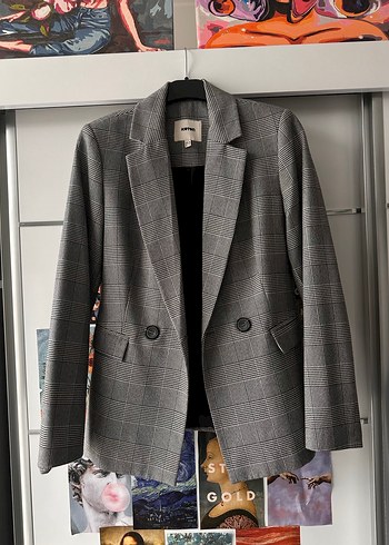 Gri Ekose Desenli Düğmeli Kadın Blazer - Görsel 3