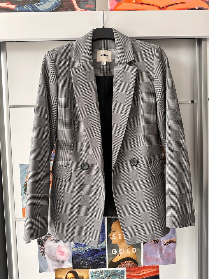 Gri Ekose Desenli Düğmeli Kadın Blazer - Görsel 2