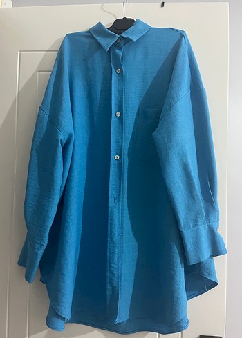 Mavi Kadın Keten Uzun Kollu Gömlek - Görsel 2