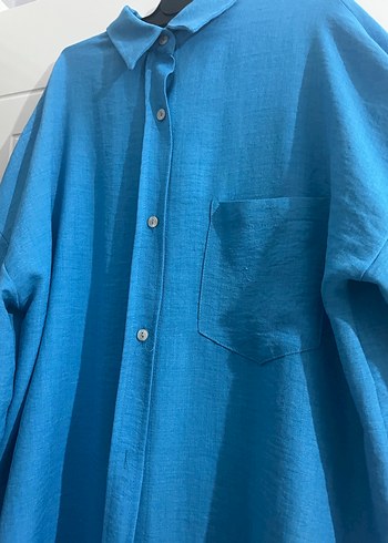 Mavi Kadın Keten Uzun Kollu Gömlek - Görsel 3