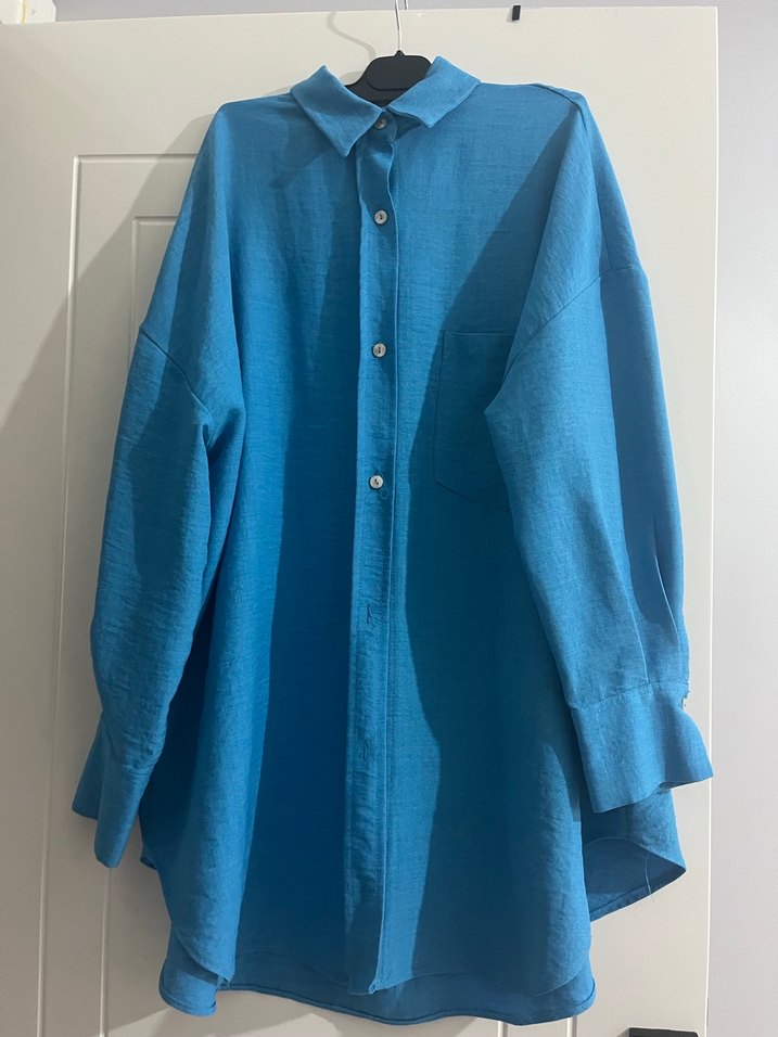 Mavi Kadın Keten Uzun Kollu Gömlek - Görsel 2