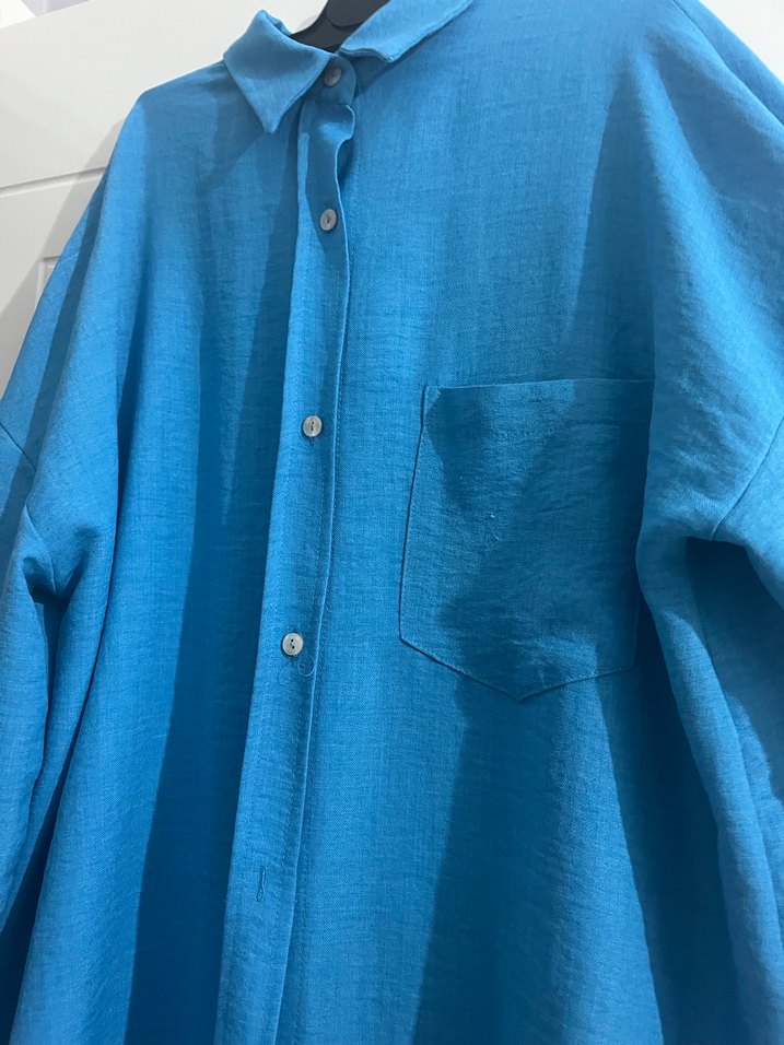 Mavi Kadın Keten Uzun Kollu Gömlek - Görsel 3