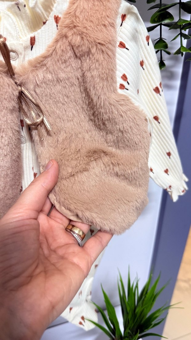 Kız Bebek Tüylü Kahverengi Tulum - Görsel 4