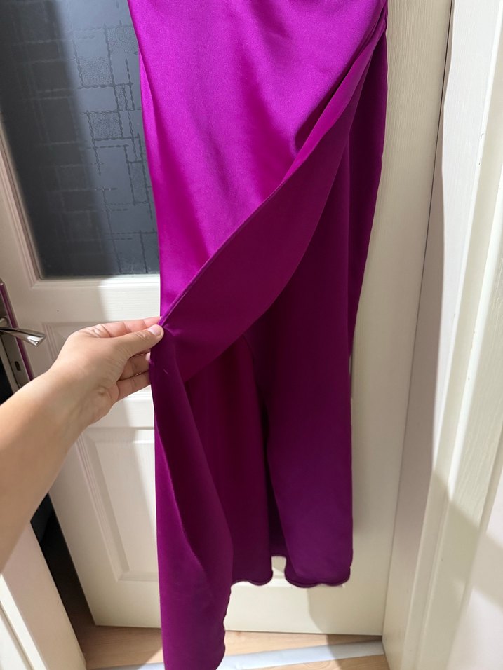 Parlak fuşya tek omuz Uzun Abiye Elbise - Görsel 3