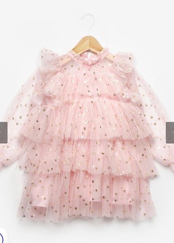 Pembe Uzun Kollu Fırfırlı Kız Elbisesi