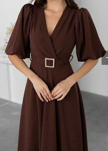 Kahverengi Midi V Yaka Kemerli Elbise - Görsel 3