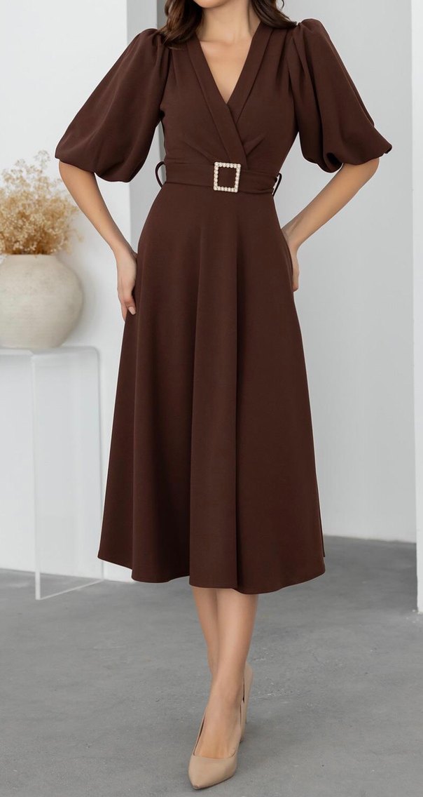 Kahverengi Midi V Yaka Kemerli Elbise - Görsel 2