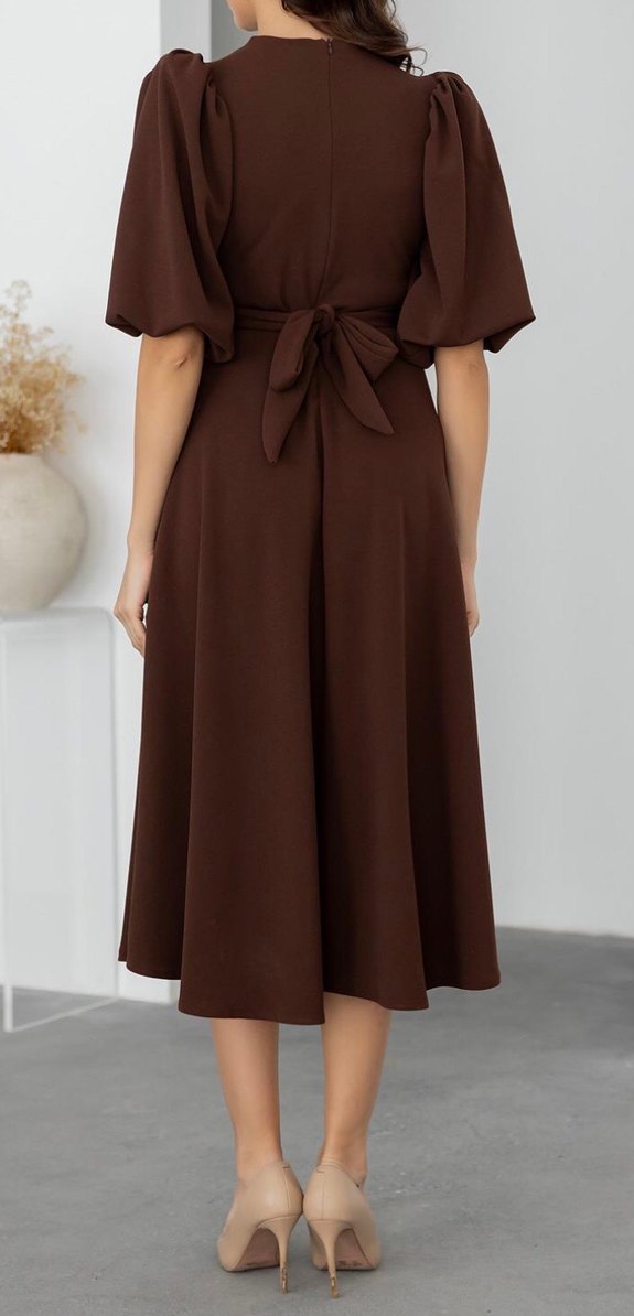Kahverengi Midi V Yaka Kemerli Elbise - Görsel 4