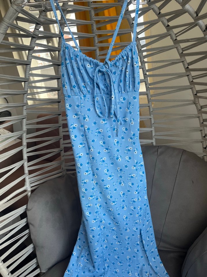 Mavi İp Askılı Uzun Günlük Elbise - Görsel 2