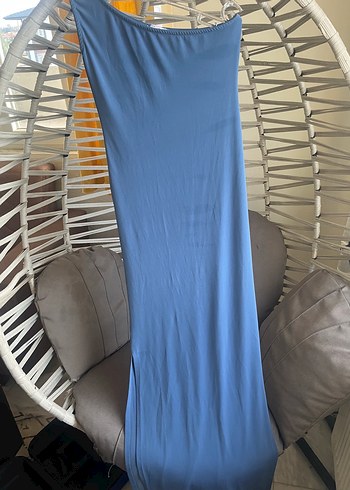 Mavi Tek Omuzlu Uzun Elbise iki yırtmaçlı - Görsel 2