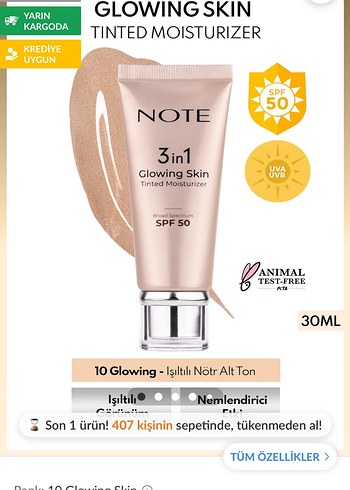 Note 3in1 Glow Skin SPF50 Açık Ton BB Krem - Görsel 3