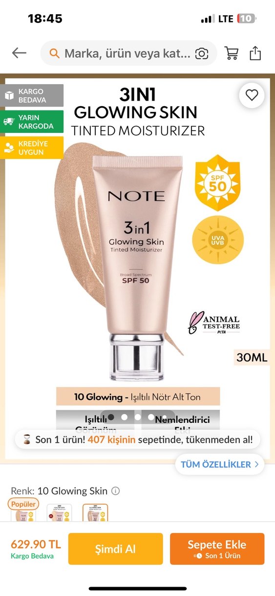 Note 3in1 Glow Skin SPF50 Açık Ton BB Krem - Görsel 3