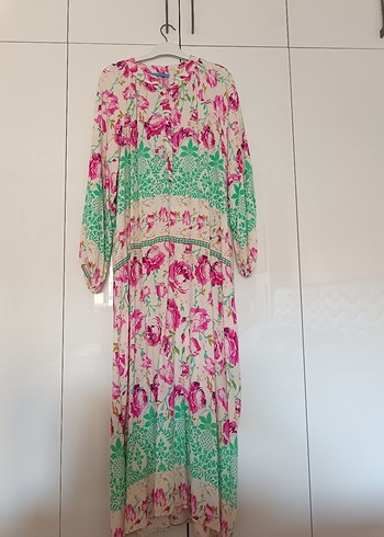 Pembe Bohem Uzun Elbise Dantel Detaylı