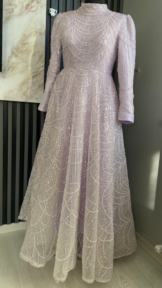 Parlak İşlemeli Mor Uzun Abiye Elbise - Görsel 3