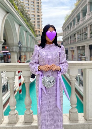 Mor Uzun Kollu Puantiyeli Abiye Elbise - Görsel 3