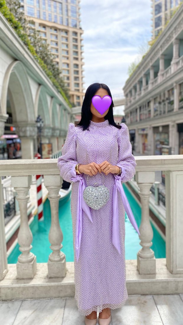 Mor Uzun Kollu Puantiyeli Abiye Elbise - Görsel 3