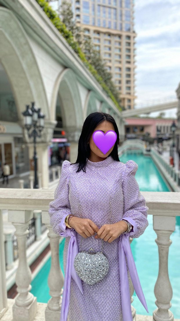 Mor Uzun Kollu Puantiyeli Abiye Elbise - Görsel 2