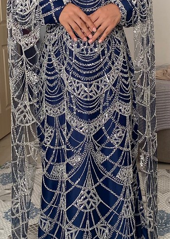 Boncuk İşlemeli Lacivert Uzun Abiye Elbise - Görsel 2