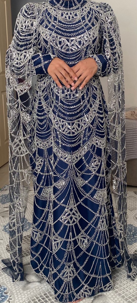Boncuk İşlemeli Lacivert Uzun Abiye Elbise - Görsel 2