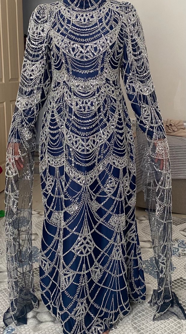 Boncuk İşlemeli Lacivert Uzun Abiye Elbise - Görsel 3