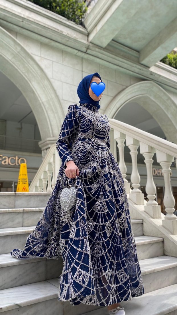 Drapeli Desenli Lacivert Uzun Kol Elbise - Görsel 3