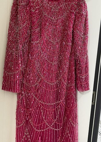 Uzun Kollu Boncuk İşlemeli Pembe Elbise - Görsel 5