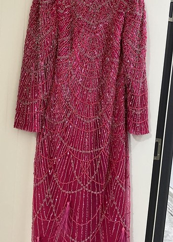 Uzun Kollu Boncuk İşlemeli Pembe Elbise - Görsel 4