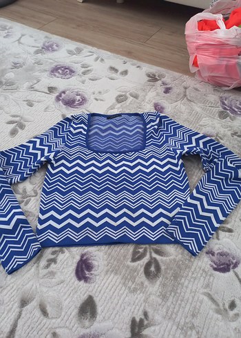 Mavi Uzun Kollu Örgü Triko Kadın Kazak - Görsel 3