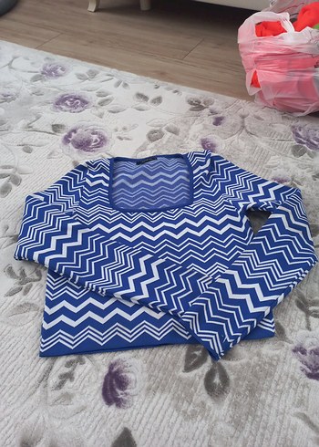 Mavi Uzun Kollu Örgü Triko Kadın Kazak - Görsel 4