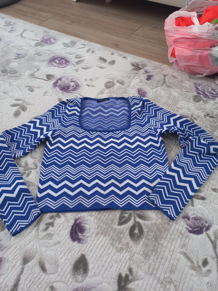 Mavi Uzun Kollu Örgü Triko Kadın Kazak - Görsel 3